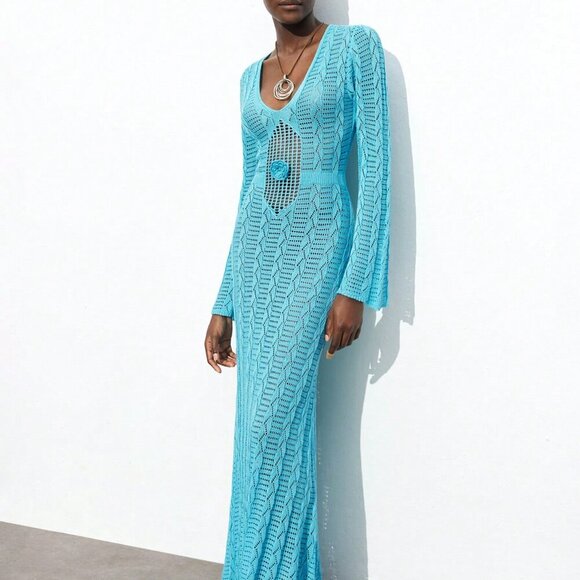 Blue Elegant Women's Season Hollow-Out Crochet Knit Dress - Picture 3 of 8